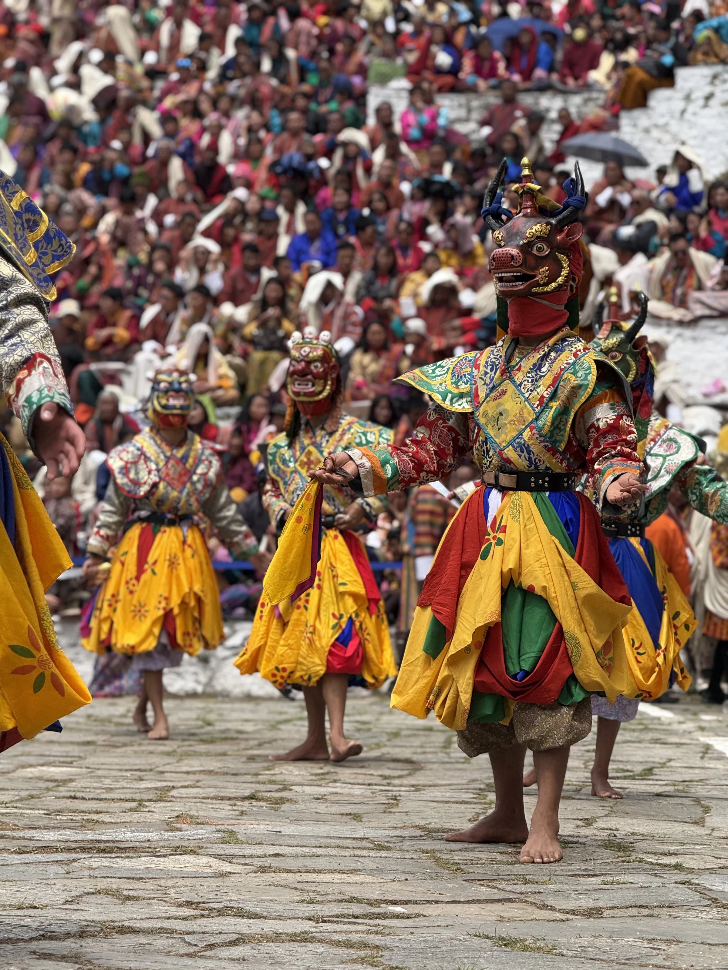 Tänzer in bunten Tiermasken und gelben Gewändern tanzen vor großer Zuschauermenge bei einem Tsechu-Fest.