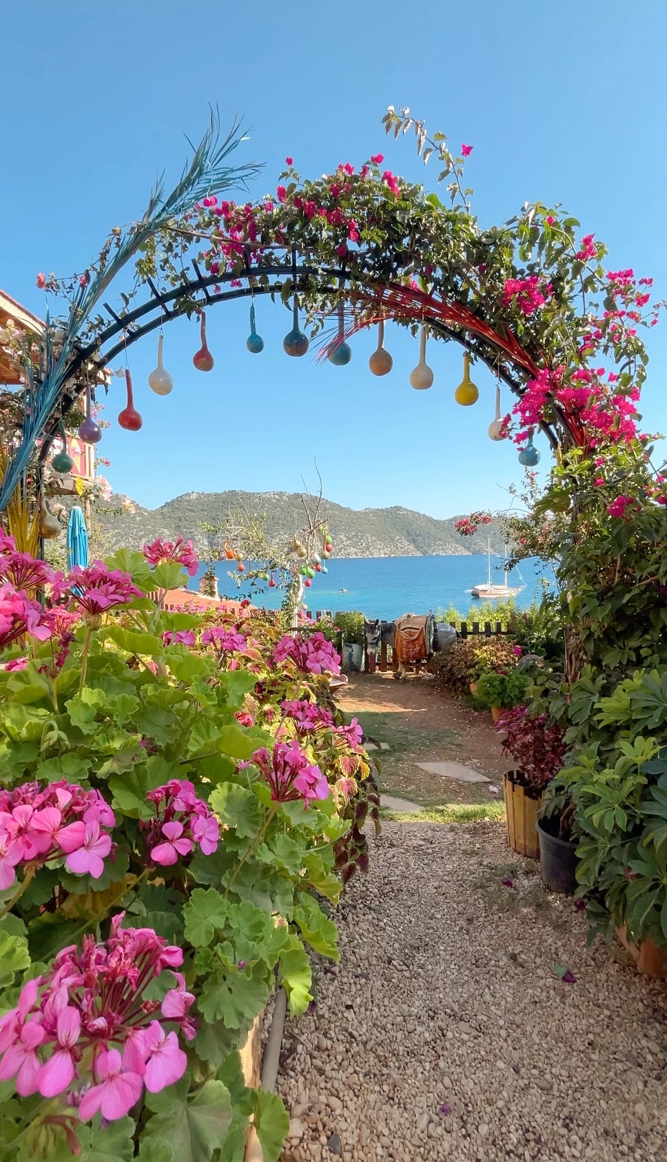 Ein blühender Gartenbogen mit bunten Kürbislaternen öffnet den Blick auf das blaue Meer und die Berge.