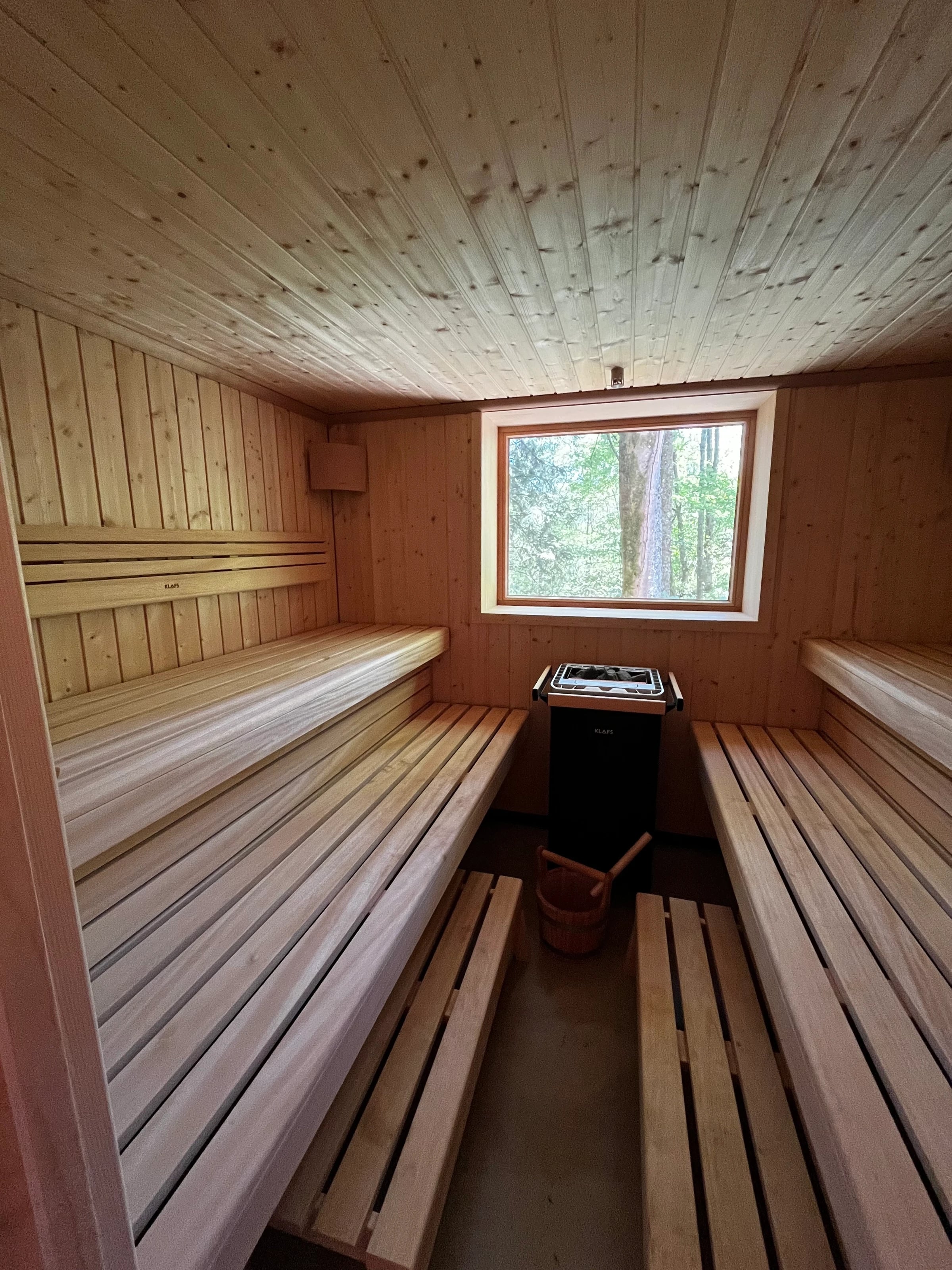 Blick in die holzverkleidete Saunahütte mit mehreren Bankreihen und einem Fenster zum Wald beim Coming Home Retreat