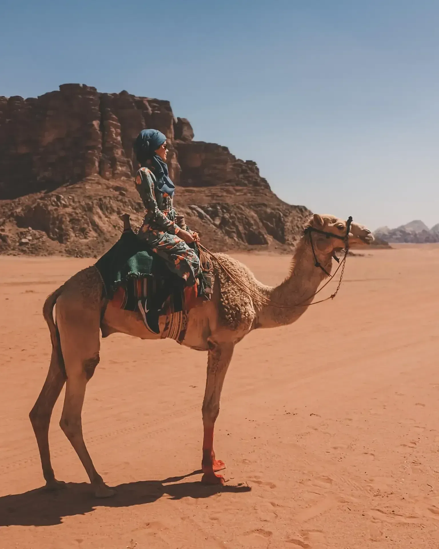 Selin sitzt mit Kopftuch auf einem Kamel in der Wüste Wadi Rum, hinter ihr rote Felsen und blauer Himmel.